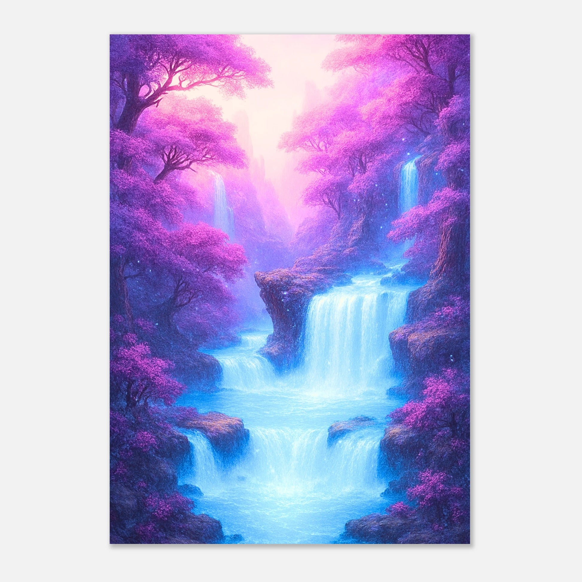 Enchanted fantasy waterfall wall art print with vibrant pink trees and cascading waters