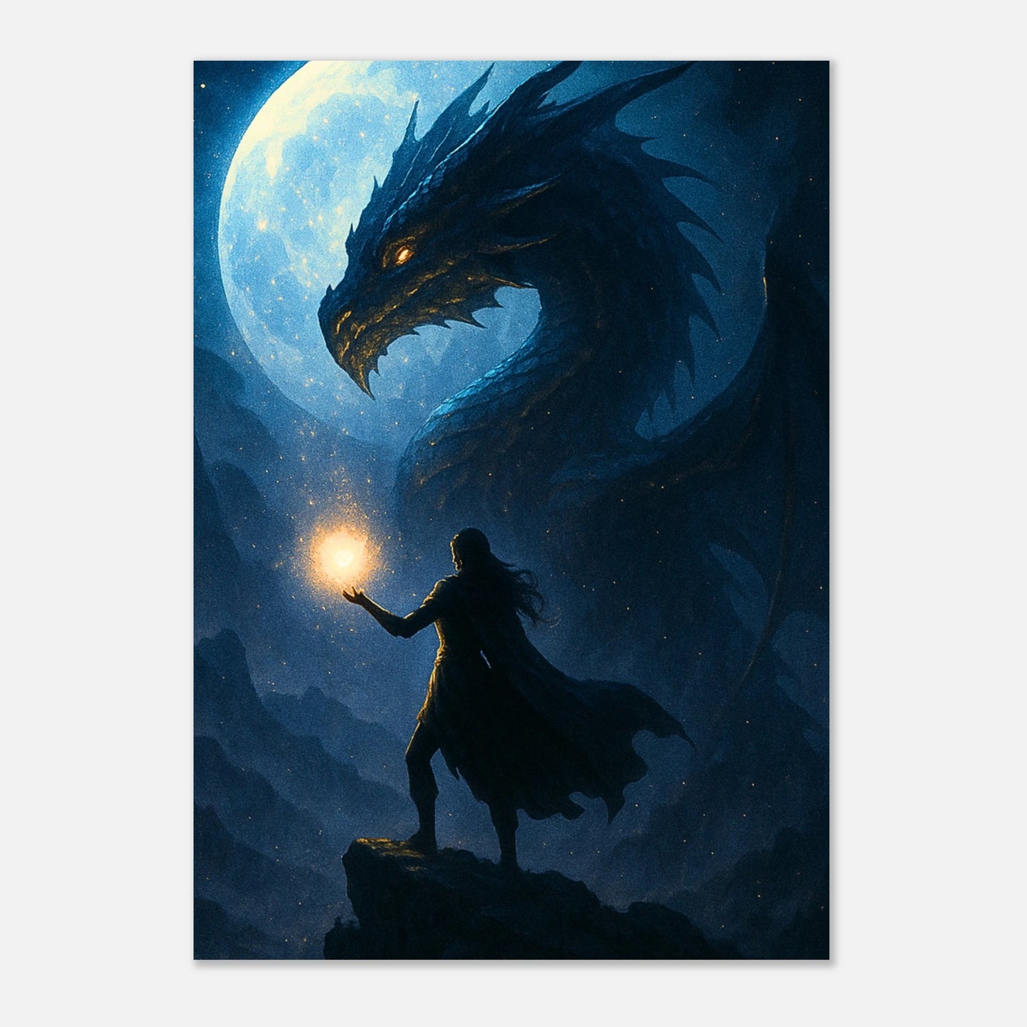 Epic Fantasy Art Print – Zauberer mit Feuerkugel vor Drache und Mond, mystisches Poster
