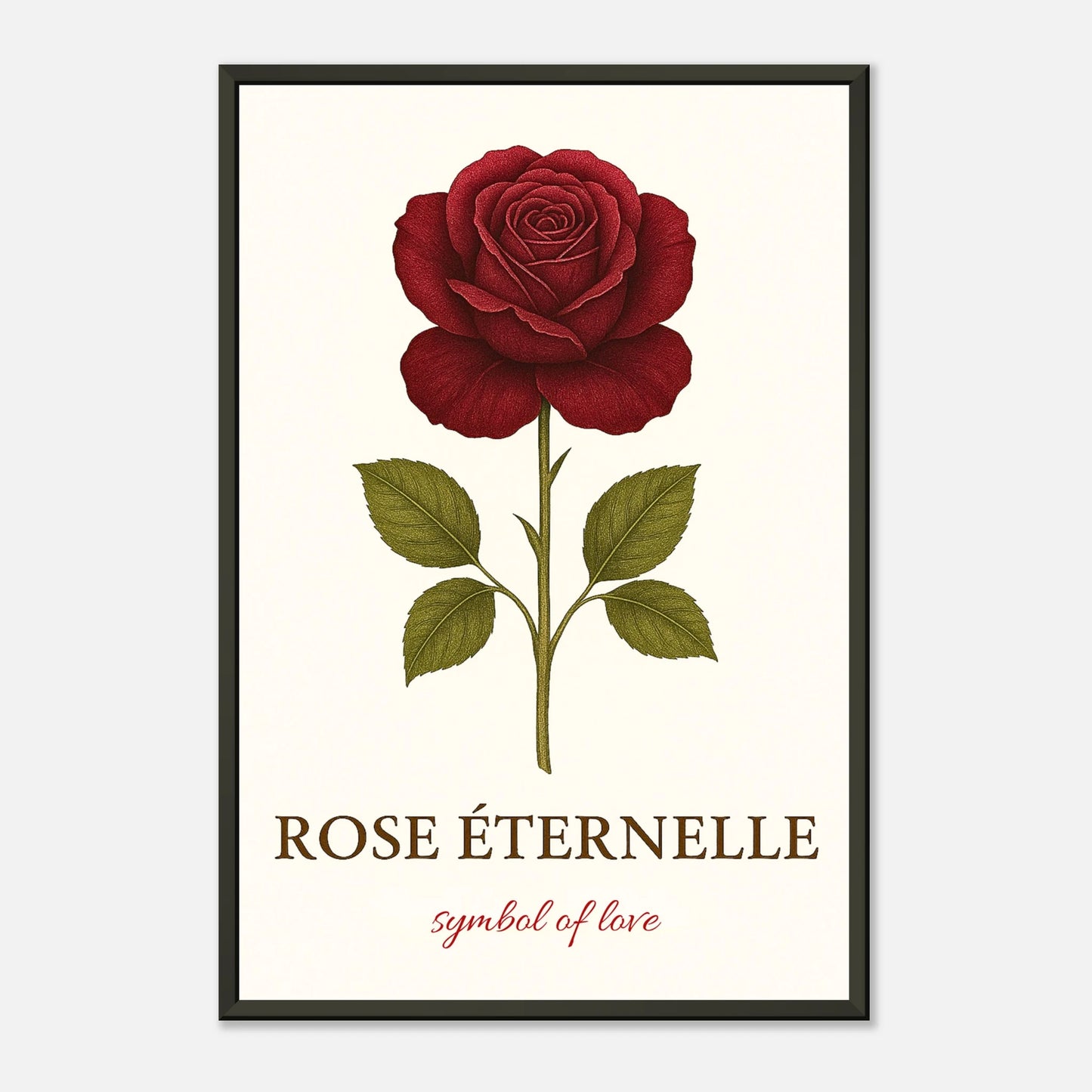 Detailaufnahme des Eternal Rose Posters – leuchtend rote Blütenblätter, feine Strukturen, hochwertiger Kunstdruck im schwarzen Rahmen.