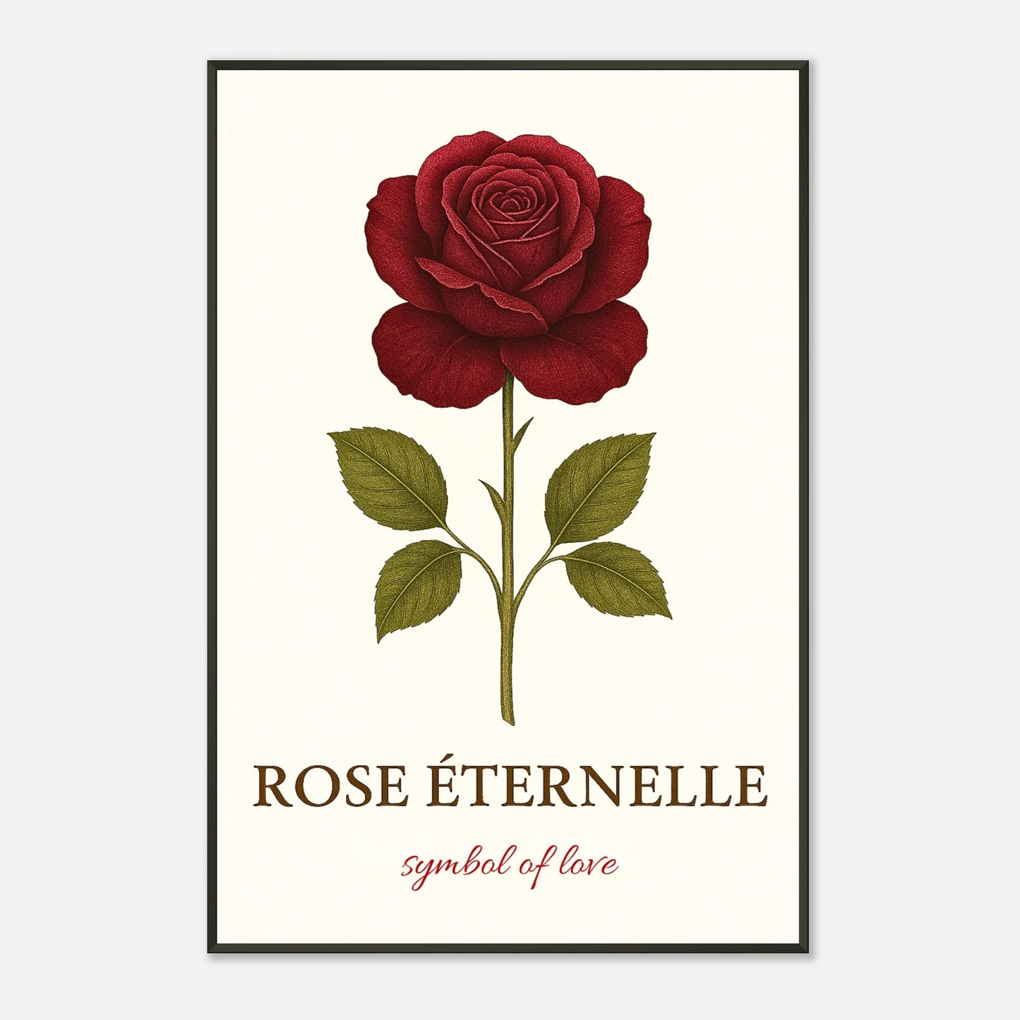 Eternal Rose Poster in schräger Ansicht – rote Rose als Symbol der Liebe, schwarzer Metallrahmen mit französischem Schriftzug „Rose Éternelle“.