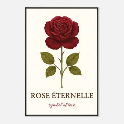 Eternal Rose Poster in schräger Ansicht – rote Rose als Symbol der Liebe, schwarzer Metallrahmen mit französischem Schriftzug „Rose Éternelle“.