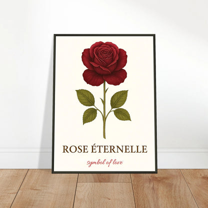 Eternal Rose Poster an die Wand gelehnt – rote Rose auf hellem Holzuntergrund, romantisches Blumendesign für stilvolle Einrichtung.