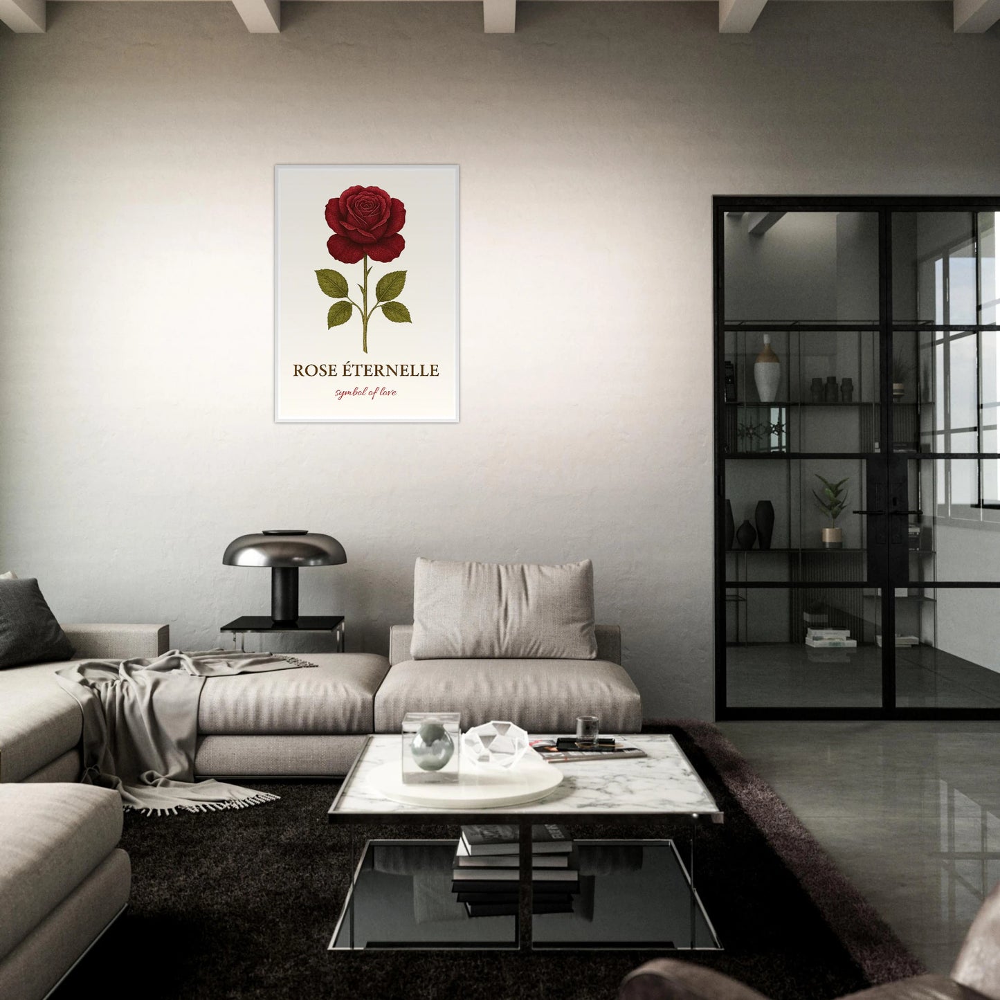 Eternal Rose Poster – rote Rose als stilvolle Wanddeko über Sofa im modernen Wohnzimmer