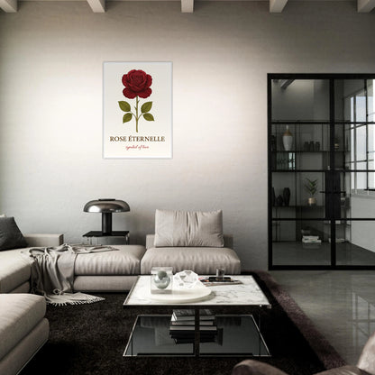 Eternal Rose Poster – rote Rose als stilvolle Wanddeko über Sofa im modernen Wohnzimmer