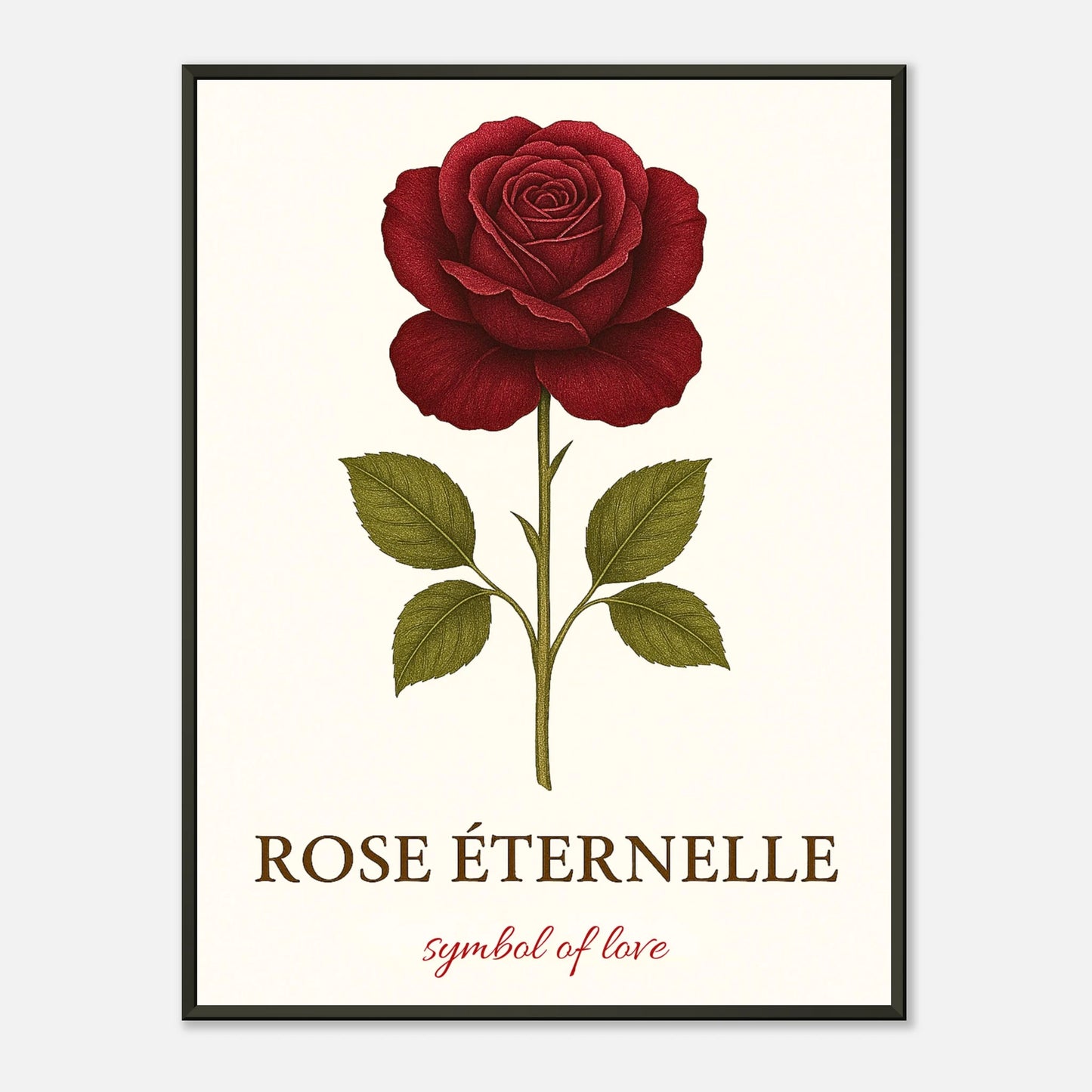Eternal Rose Poster – rote Rose im eleganten schwarzen Metallrahmen. Zeitloses Blumenmotiv und Symbol ewiger Liebe von Defa Designs.
