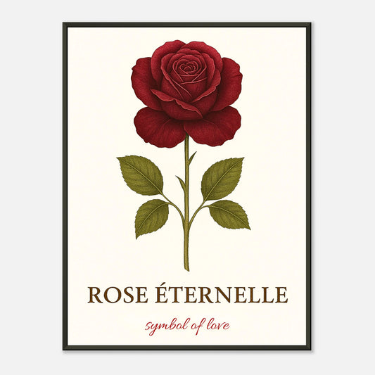 Eternal Rose Poster – rote Rose im eleganten schwarzen Metallrahmen. Zeitloses Blumenmotiv und Symbol ewiger Liebe von Defa Designs.