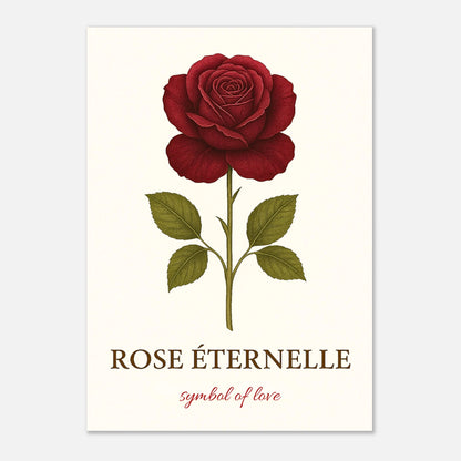 Eternal Rose red flower wall art poster – elegant botanical print with deep red rose and vintage typography.