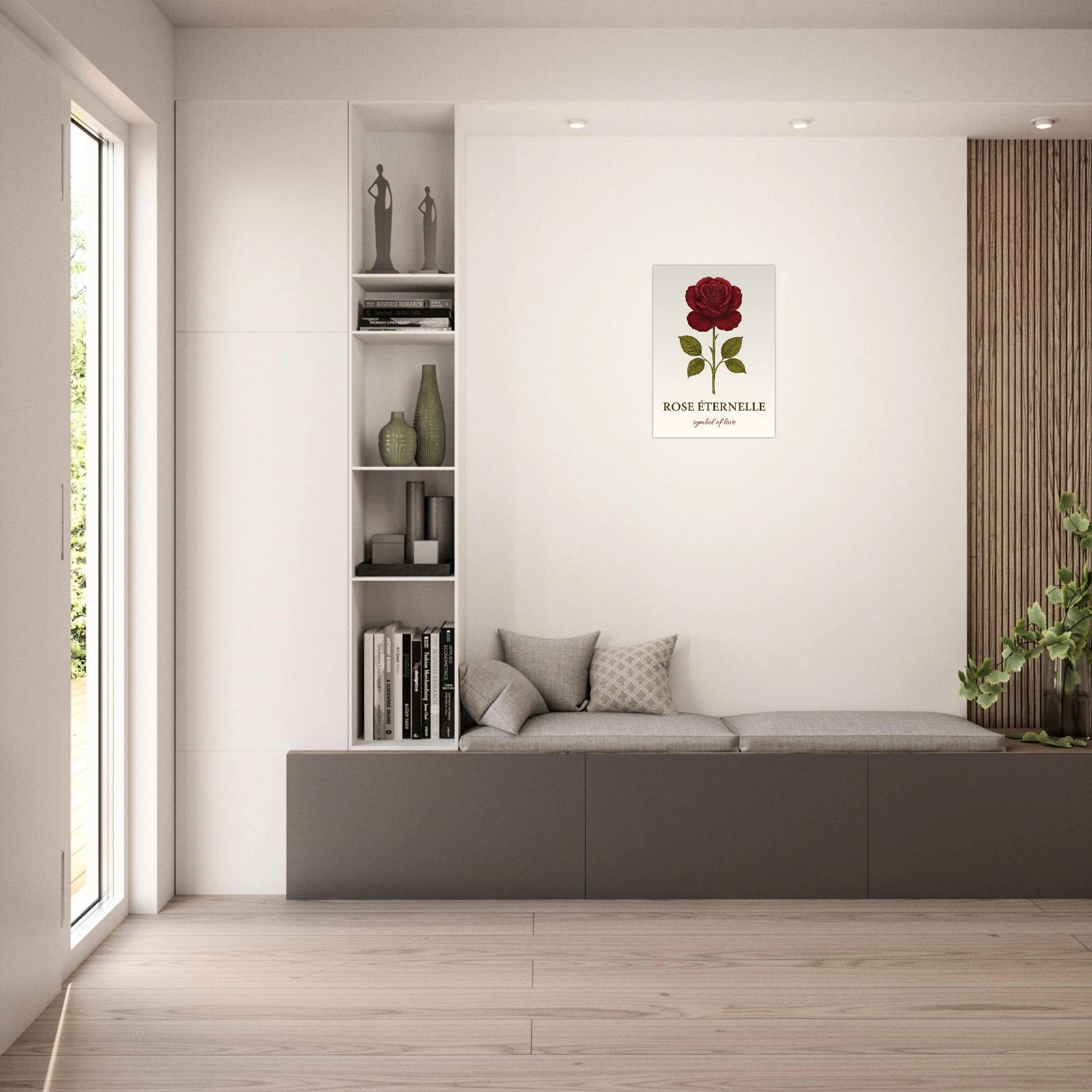 Eternal Rose romantic art print above sofa – stylish floral wall decoration with classic red rose.