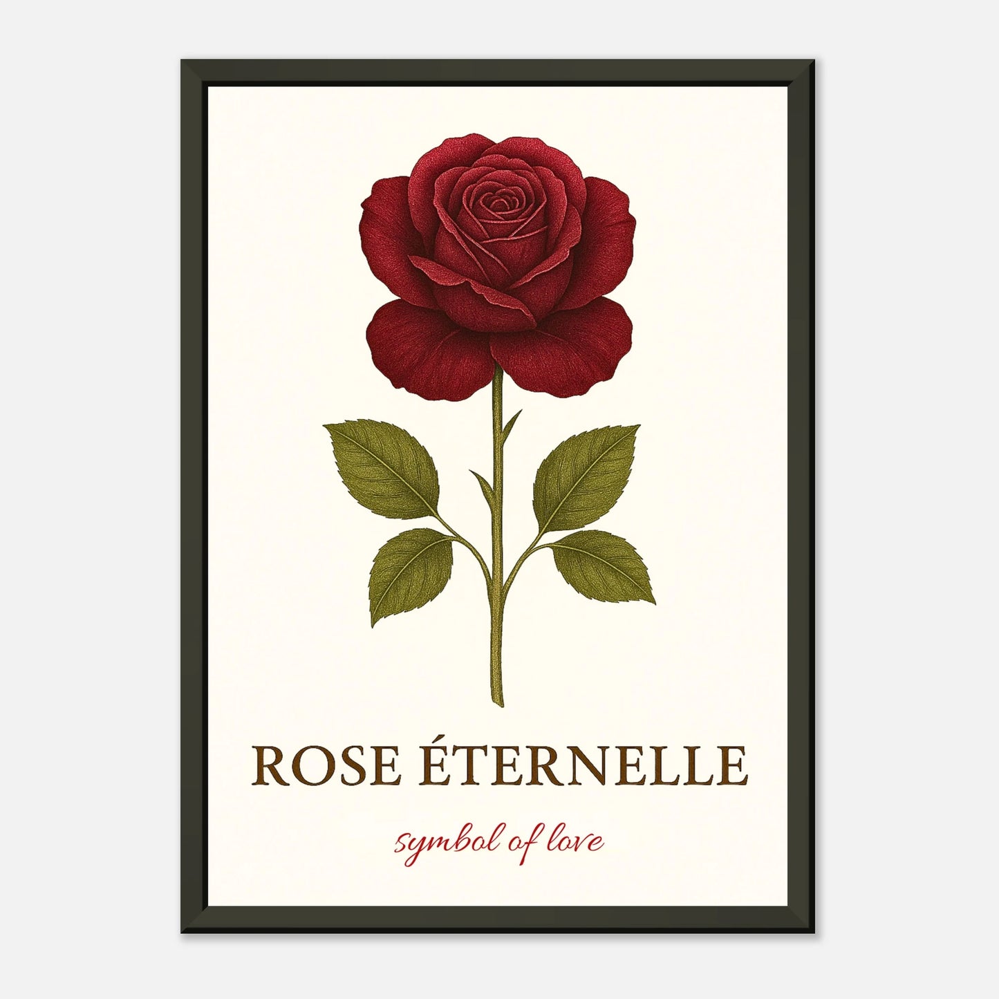 Eternal Rose Poster in Seitenansicht – edles Blumenmotiv mit Schriftzug „Rose Éternelle“, schwarze Metallrahmung, romantisches Design von Defa Designs.