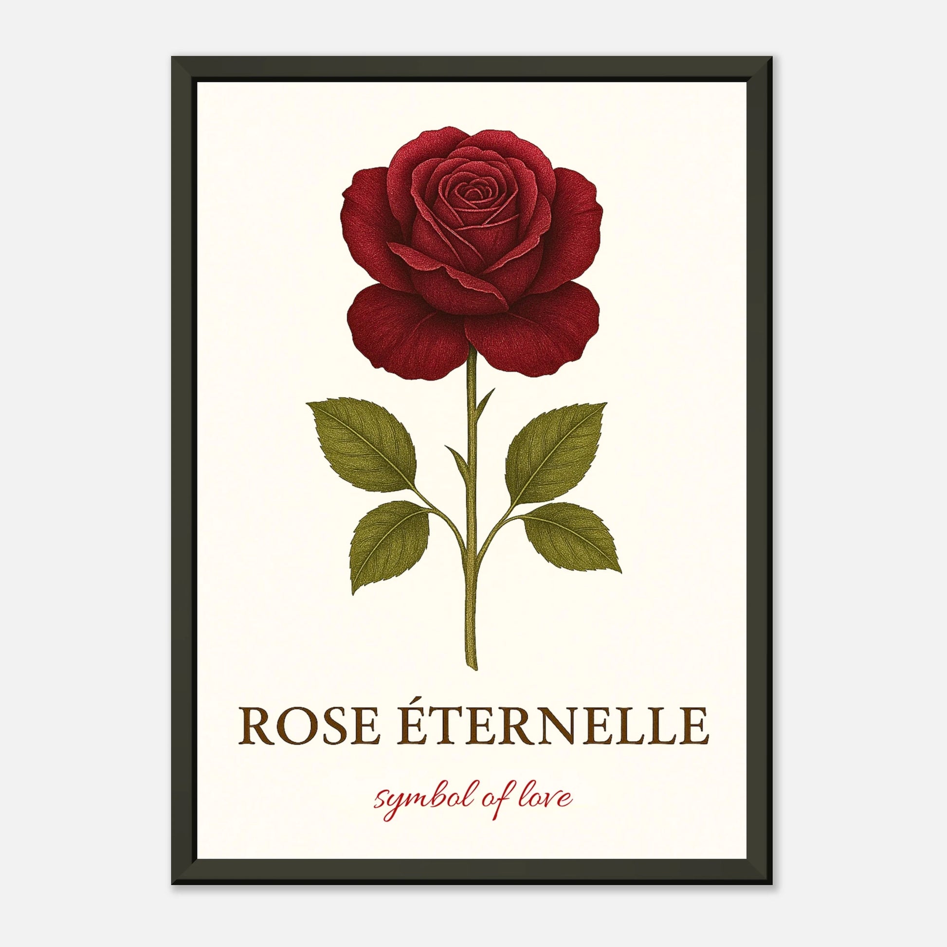 Eternal Rose Poster in Seitenansicht – edles Blumenmotiv mit Schriftzug „Rose Éternelle“, schwarze Metallrahmung, romantisches Design von Defa Designs.