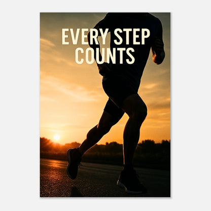 Motivationsposter „Every Step Counts“ liegend auf Holzoberfläche – Sport Wanddeko für Fitnessraum, Büro oder Wohnzimmer.