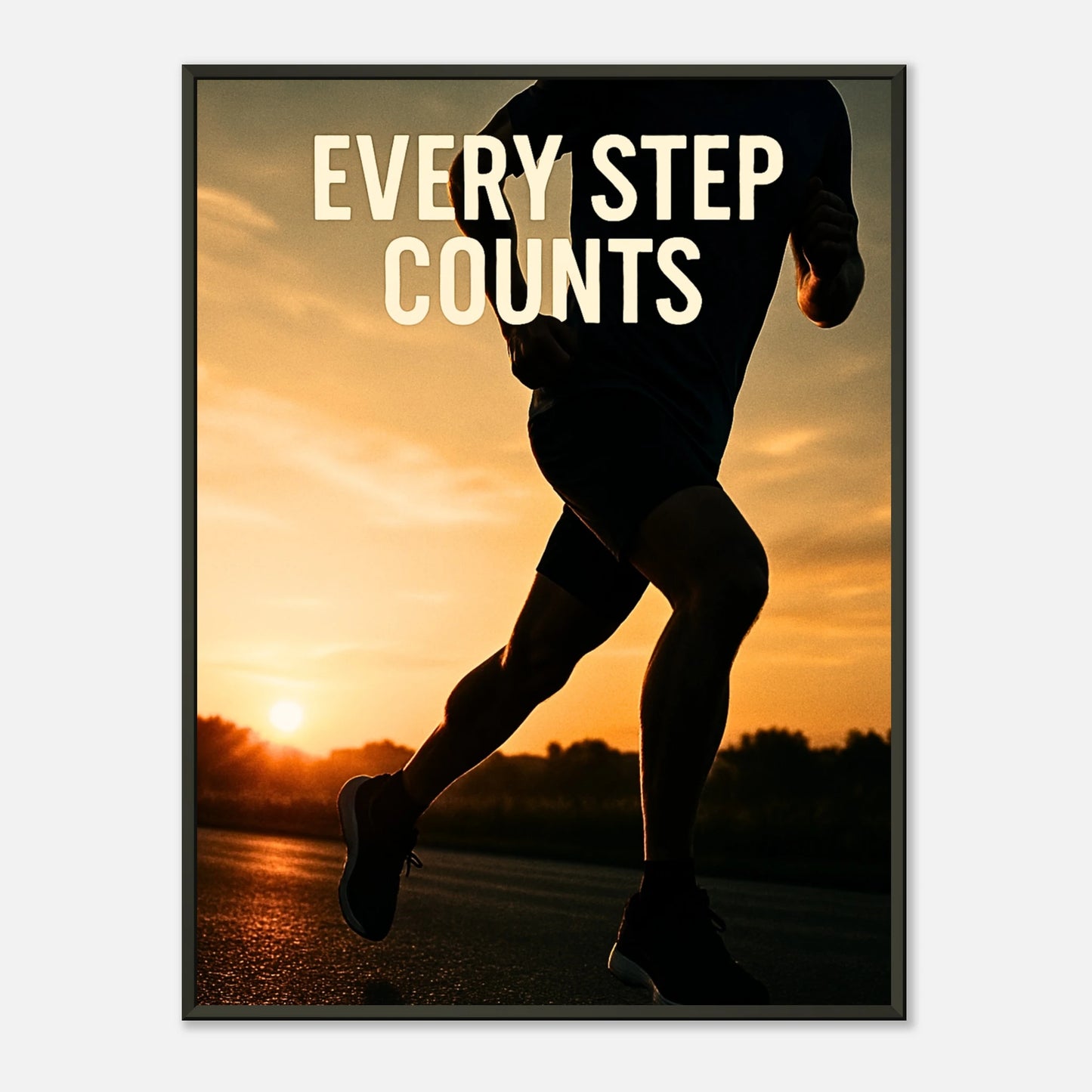 „Every Step Counts“ – Motivations-Poster mit Läufer im Sonnenuntergang im schwarzen Metallrahmen. Symbol für Fokus und Fortschritt | DEFA Designs