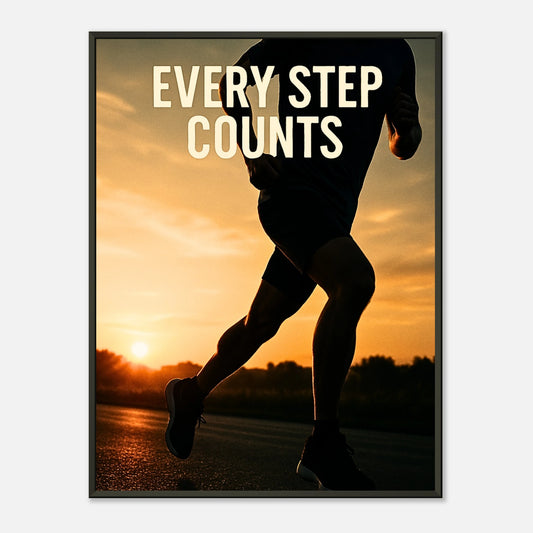„Every Step Counts“ – Motivations-Poster mit Läufer im Sonnenuntergang im schwarzen Metallrahmen. Symbol für Fokus und Fortschritt | DEFA Designs