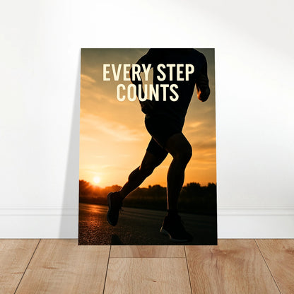 Poster „Every Step Counts“ an der Wand im Wohnzimmer – stilvolles Motivationsbild für Sportler und Fitness-Fans.