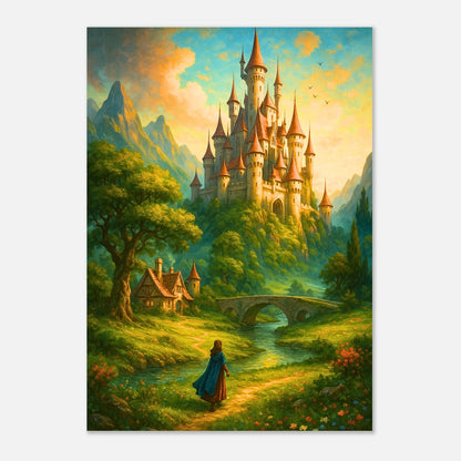 Fairytale Landscape Poster – leuchtendes Schloss mit Wald, Fluss und goldener Abendstimmung
