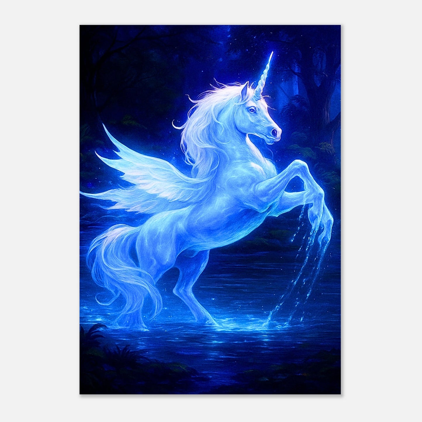 Magisches Einhorn Poster in Blau – Fantasy Wandkunst für Wohnzimmer, Schlafzimmer oder Kinderzimmer
