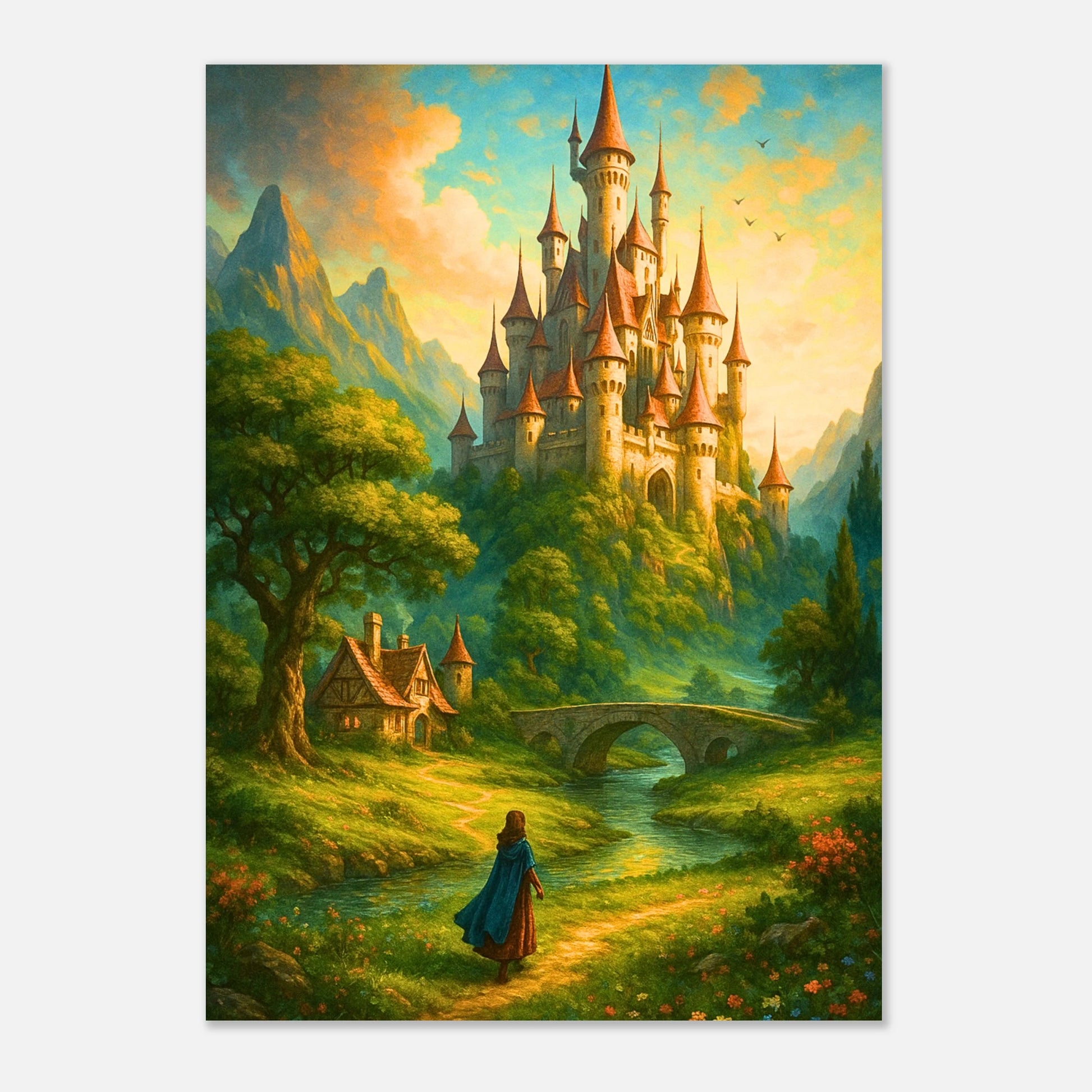Fantasy Castle Wall Art – magischer Kunstdruck mit Schloss, Wald und Reisendem
