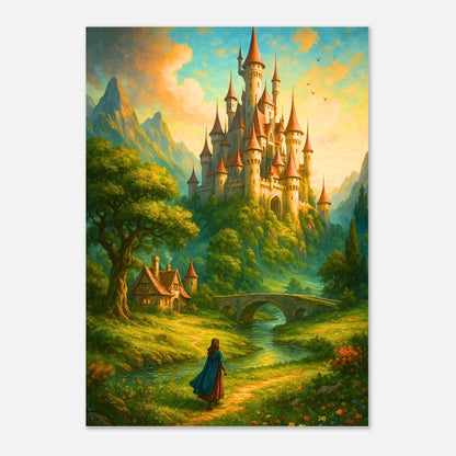 Fantasy Castle Wall Art – magischer Kunstdruck mit Schloss, Wald und Reisendem
