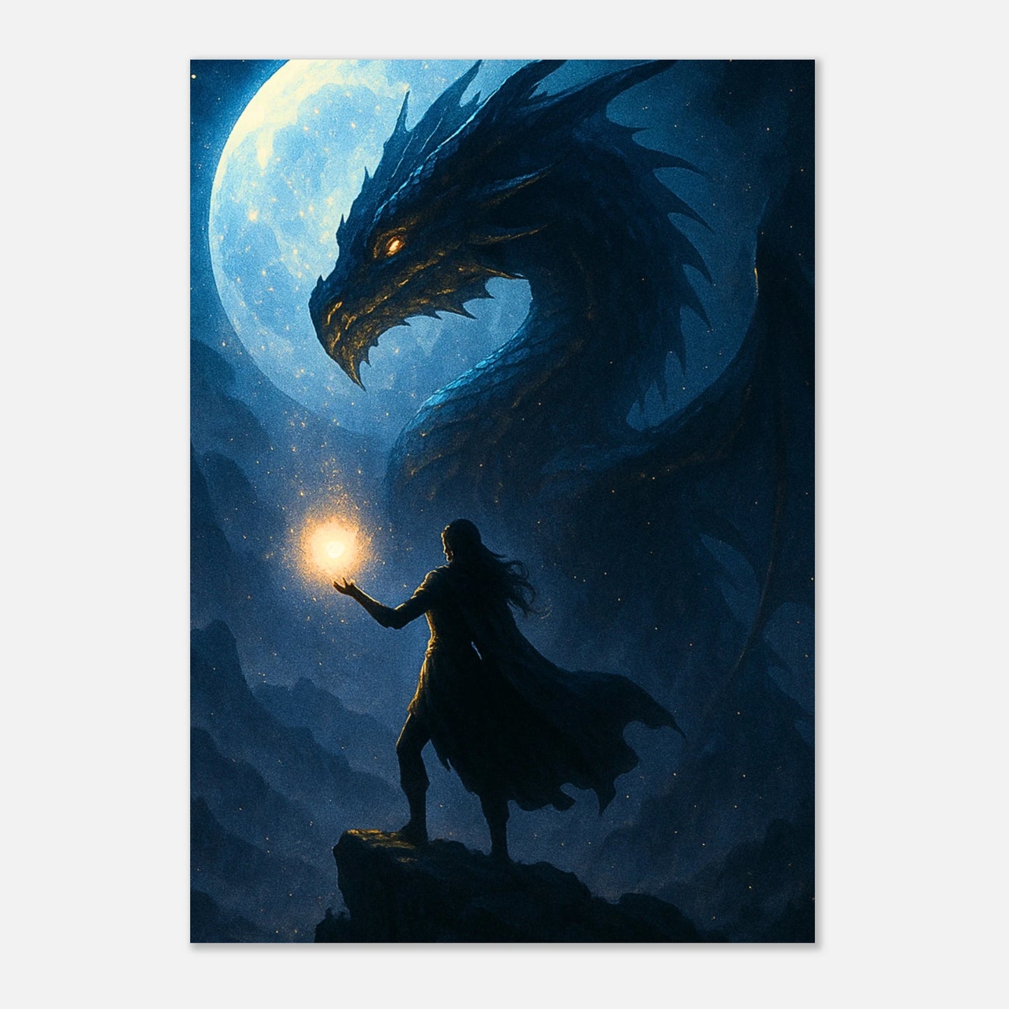Fantasy Dragon Poster – Magier mit Leuchtkugel trifft auf Drachen im Mondschein, episches Wandbild