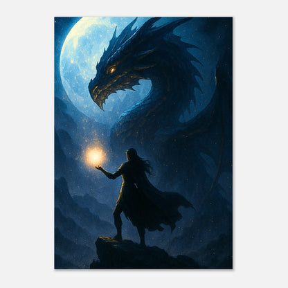 Fantasy Dragon Poster – Magier mit Leuchtkugel trifft auf Drachen im Mondschein, episches Wandbild