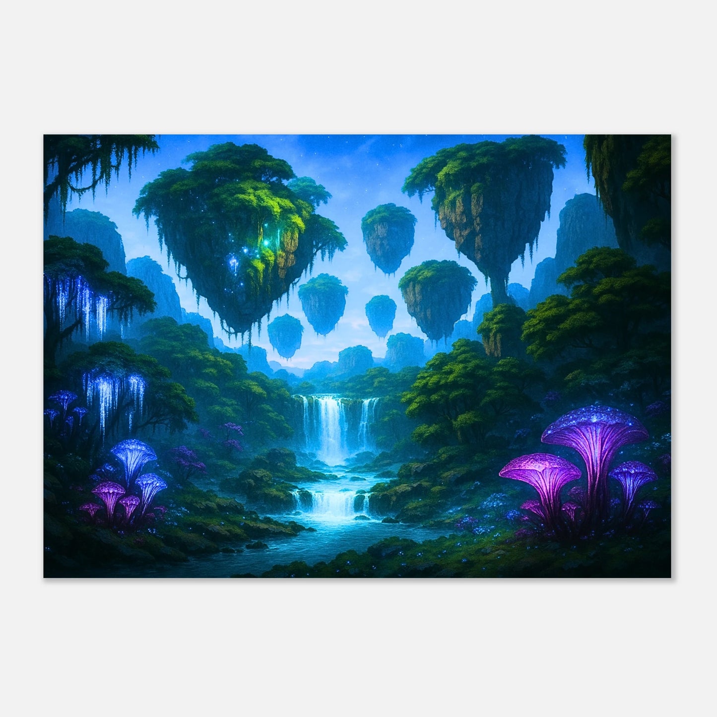 Fantasy art poster of floating islands with waterfall and glowing purple mushrooms, alien paradise wall decor