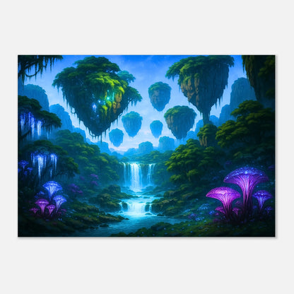 Fantasy floating islands and waterfall poster, vibrant alien world nature wall decor