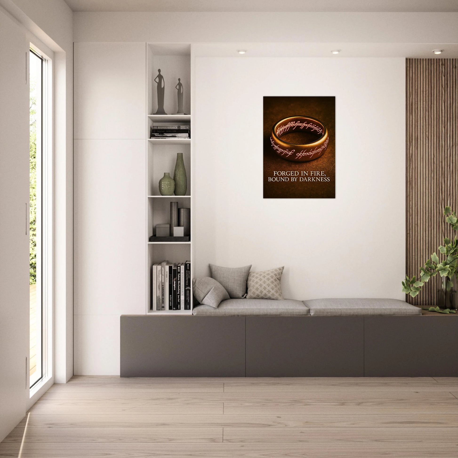 Fantasy ring wall art in modern living room, golden glow and ancient runes for stylish decor