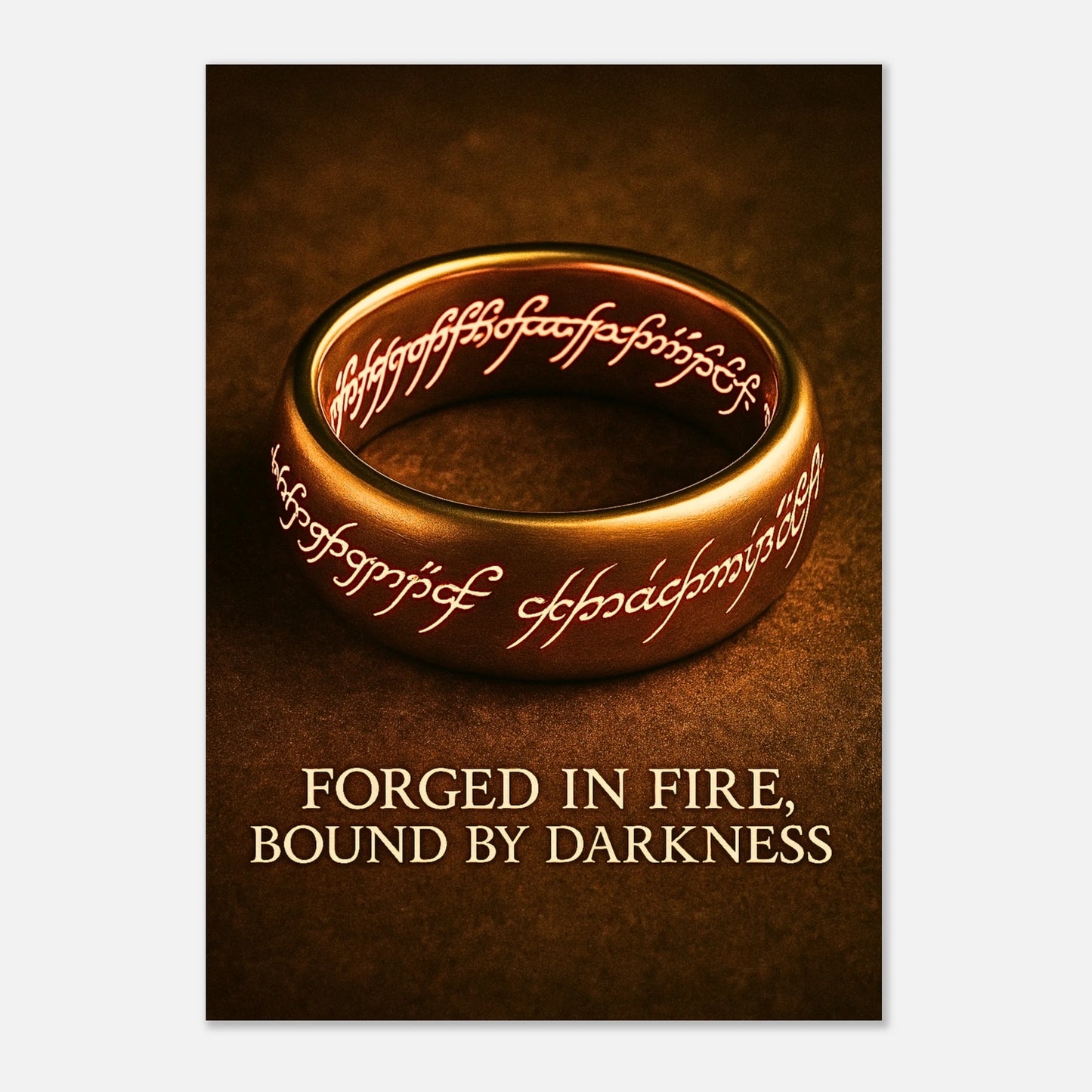 Fantasy ring wall art print with golden glow and engraved ancient runes, perfect for fans & collectors