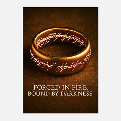 Fantasy ring wall art print with golden glow and engraved ancient runes, perfect for fans & collectors