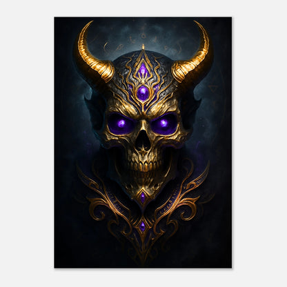 Fantasy skull art poster with ornate golden horns, glowing purple gems and dark background