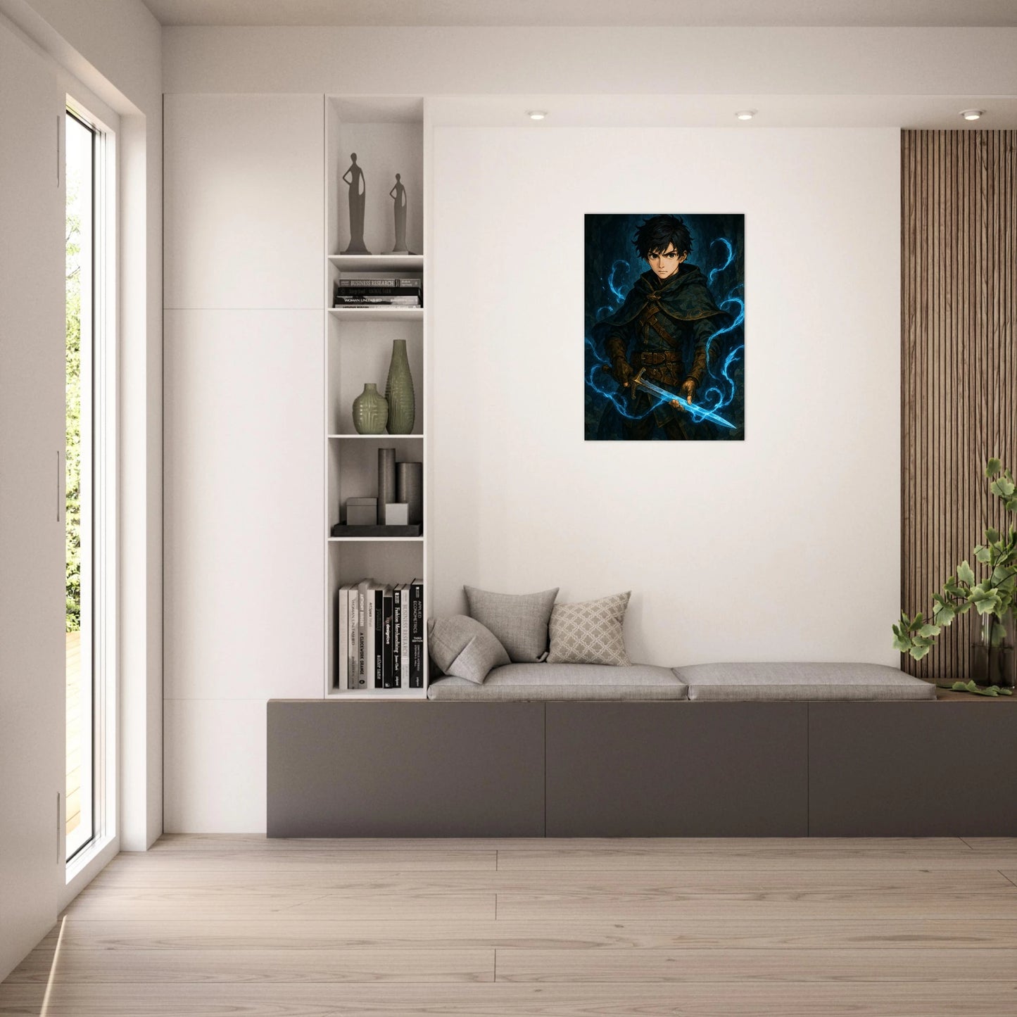 Fantasy Warrior Poster im Wohnzimmer – epische Wandkunst mit Krieger und magischem Schwert
