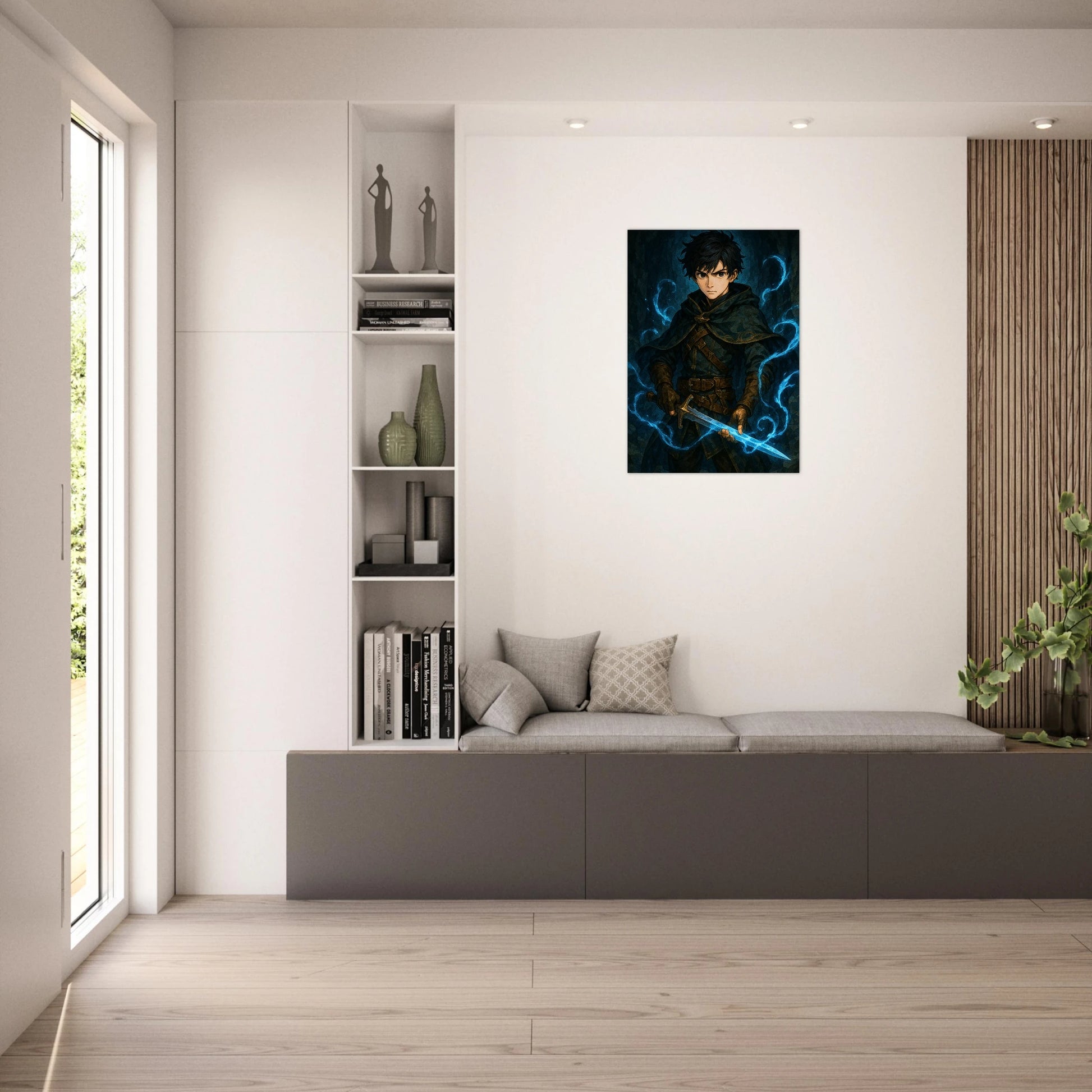 Fantasy Warrior Poster im Wohnzimmer – epische Wandkunst mit Krieger und magischem Schwert
