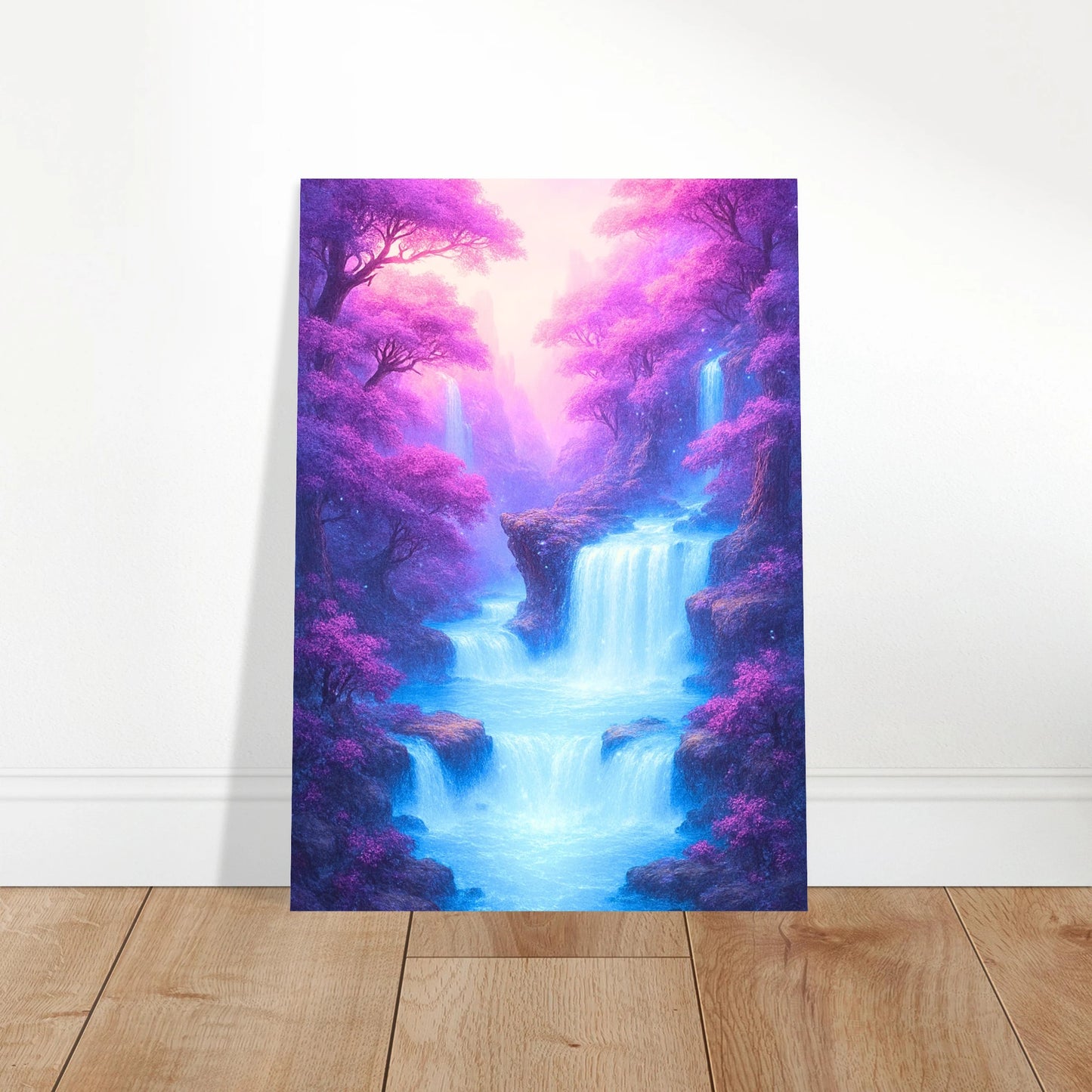 Fantasy violet forest waterfall poster leaning against wall, ethereal home decoration