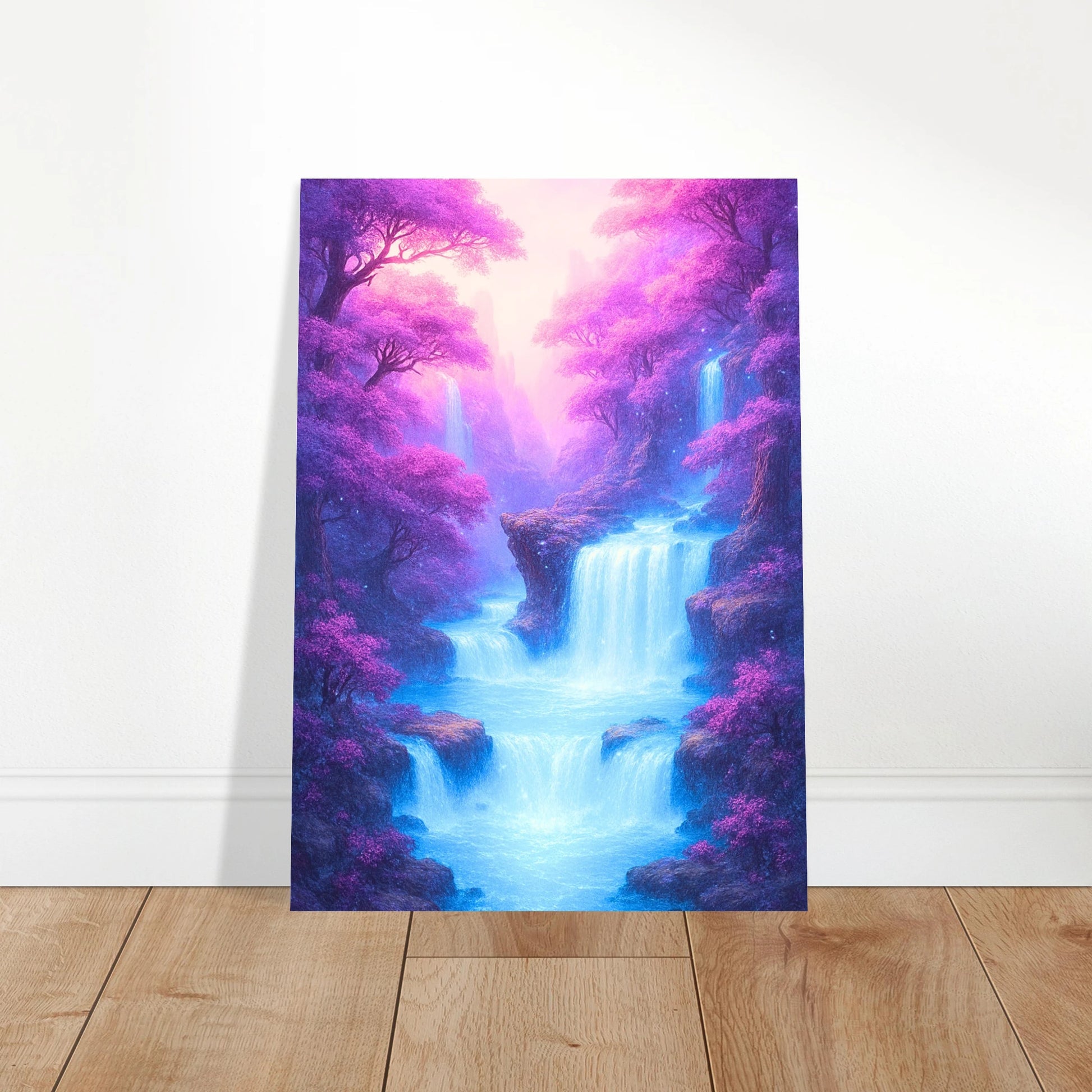Fantasy violet forest waterfall poster leaning against wall, ethereal home decoration