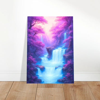 Fantasy violet forest waterfall poster leaning against wall, ethereal home decoration