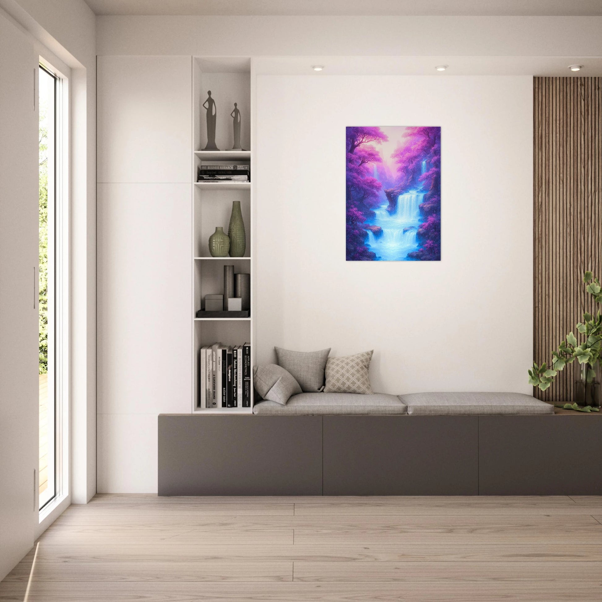 Fantasy waterfall wall art in modern living room, violet and pink forest poster for home decor