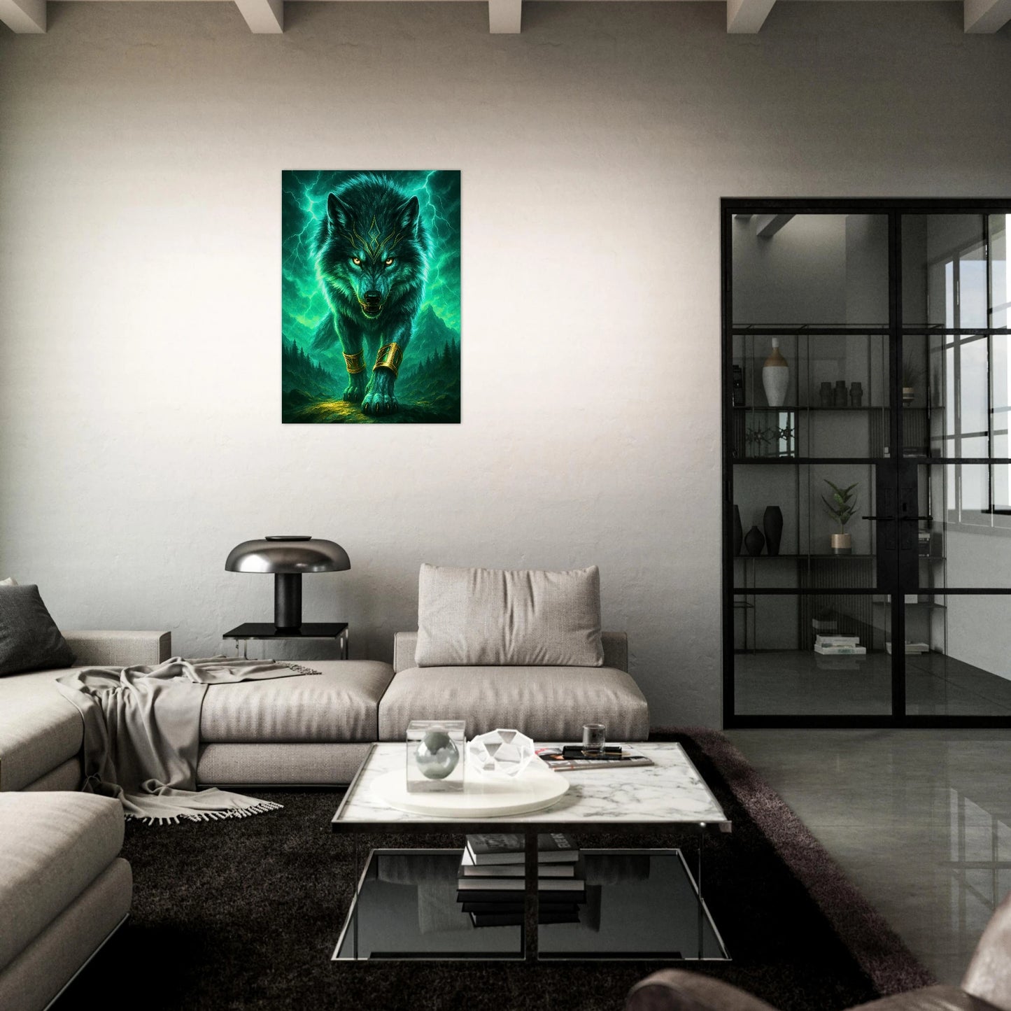 Fantasy wolf poster with glowing green lightning in stylish dark living room decor