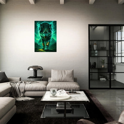 Fantasy wolf poster with glowing green lightning in stylish dark living room decor
