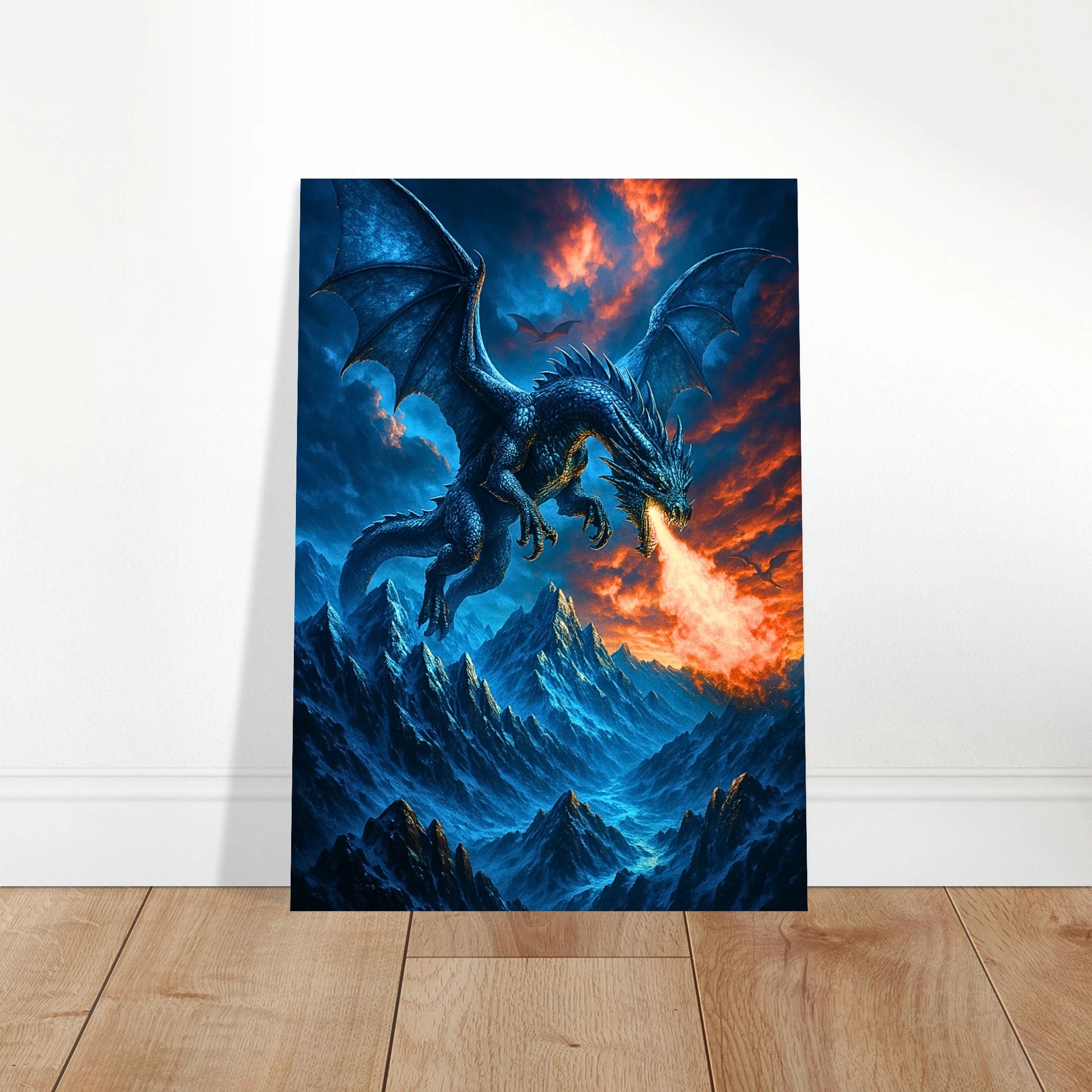 Fierce Dragon Poster – Feuer speiender Drache über Gebirge, epischer Kunstdruck