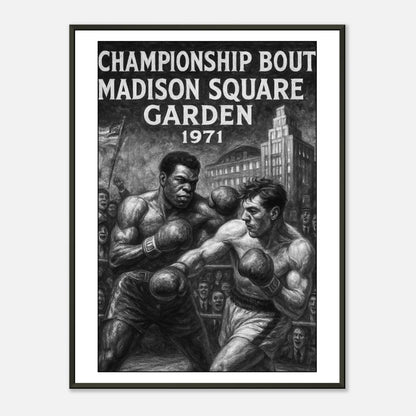 Boxposter „Fight of the Century“ – Muhammad Ali vs Joe Frazier 1971 im schwarzen Metallrahmen | Legendäres Boxkunst-Design von DEFA Designs
