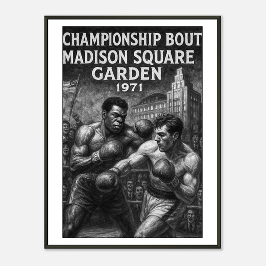 Boxposter „Fight of the Century“ – Muhammad Ali vs Joe Frazier 1971 im schwarzen Metallrahmen | Legendäres Boxkunst-Design von DEFA Designs