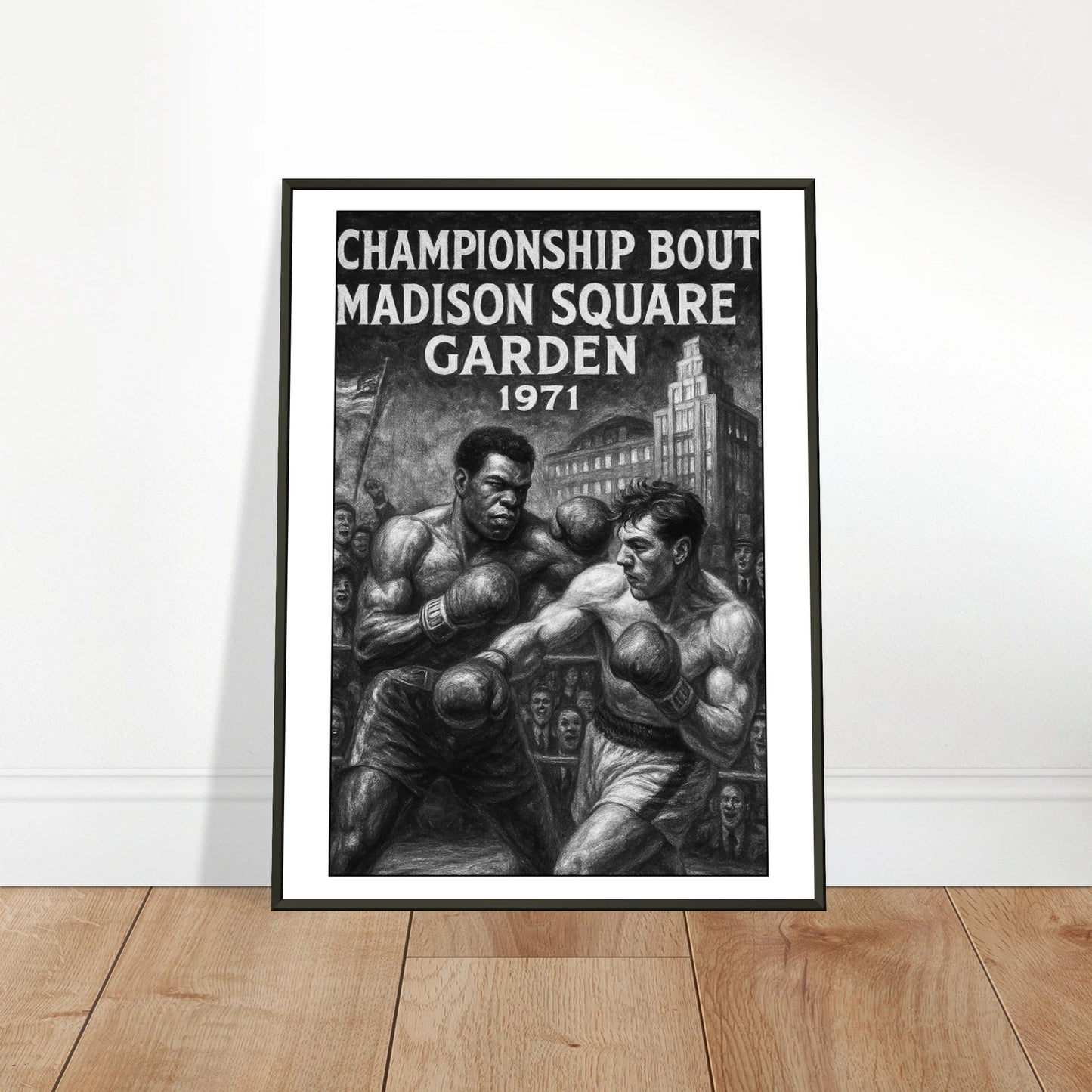 „Fight of the Century“ Boxposter an die Wand gelehnt | Vintage Sportkunst mit Muhammad Ali und Joe Frazier | DEFA Designs