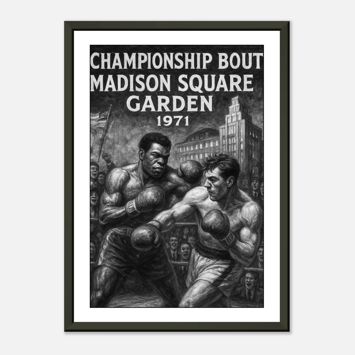 Kunstvolles Boxposter „Fight of the Century“ – Madison Square Garden 1971 | Schwarzer Metallrahmen | DEFA Designs