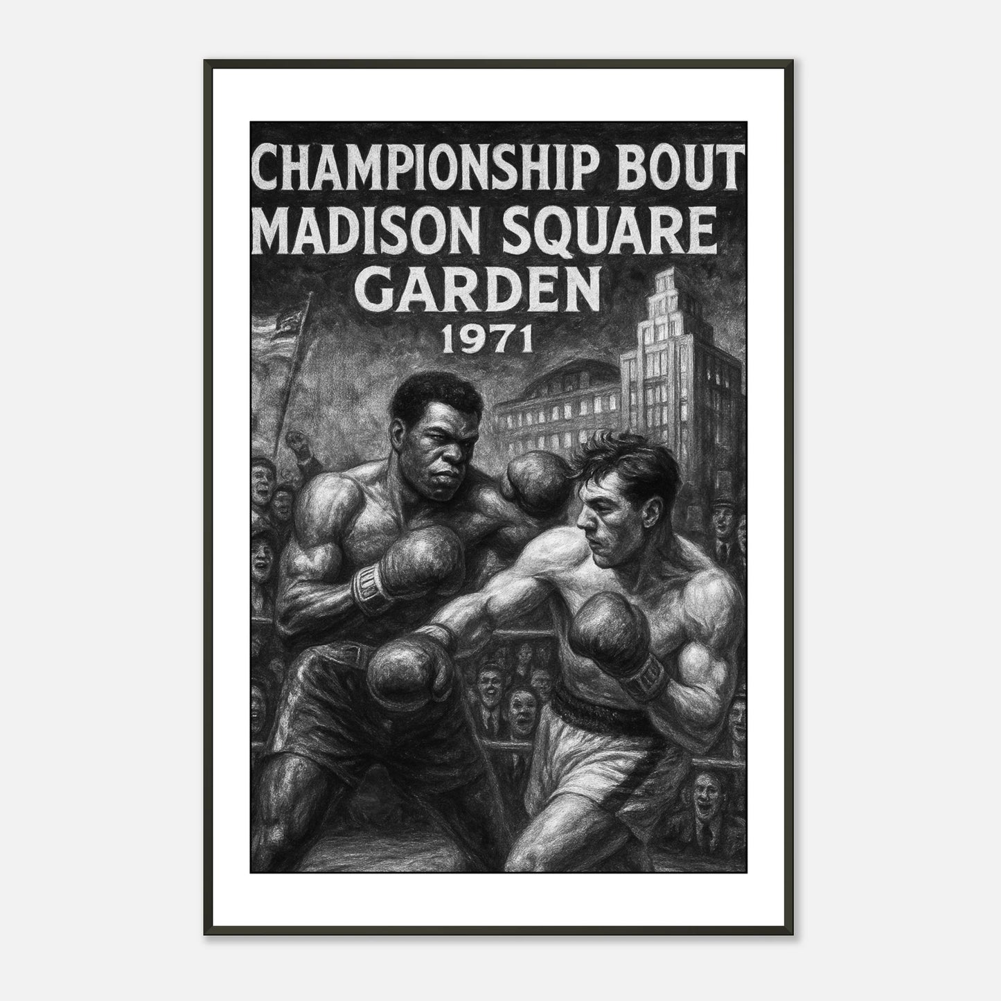 „Fight of the Century“ Poster – ikonischer Boxkampf 1971 zwischen Muhammad Ali und Joe Frazier | Stilvolle Wandkunst im schwarzen Metallrahmen | DEFA Designs