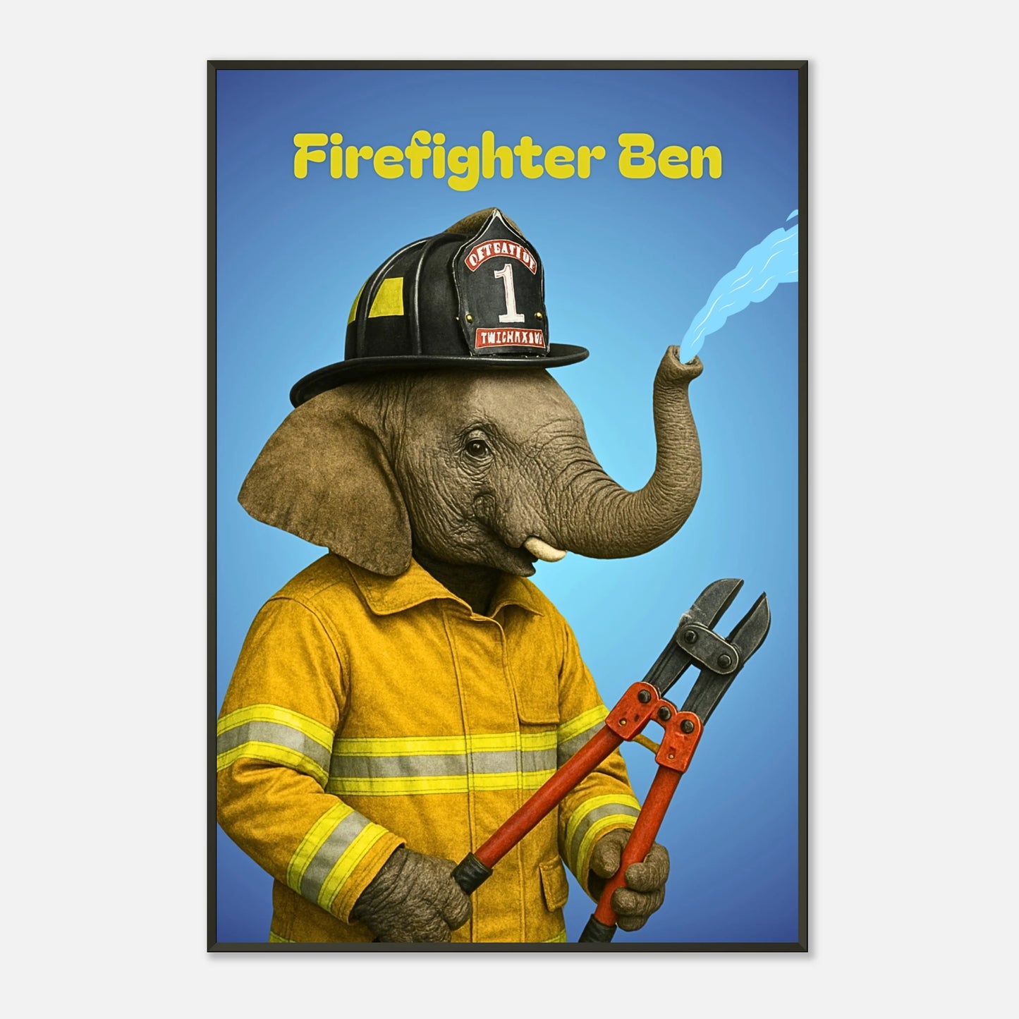 Detailaufnahme des Firefighter Ben Posters – hochwertige Druckqualität mit kräftigen Farben und feinen Strukturen im schwarzen Metallrahmen.