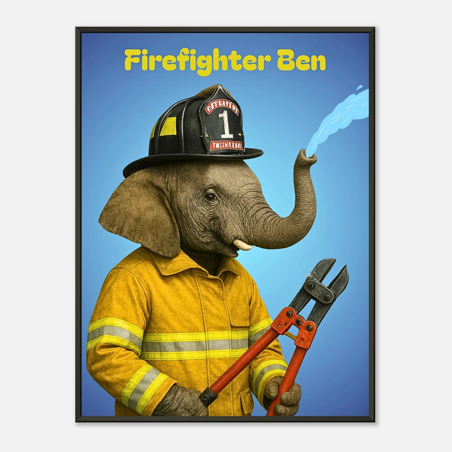 Firefighter Ben – mutiger Elefant im Feuerwehranzug mit Wasserschlauch, humorvolle Tierkunst im schwarzen Metallrahmen, Kinderzimmerposter von Defa Designs.