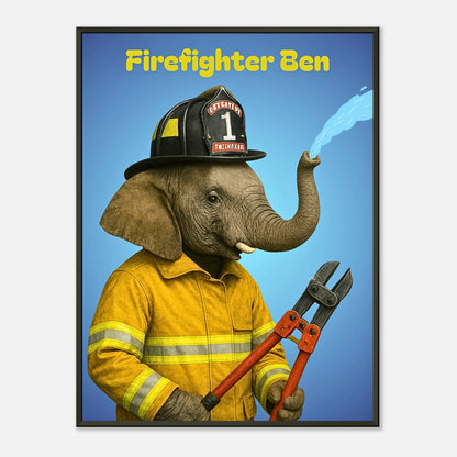 Firefighter Ben – mutiger Elefant im Feuerwehranzug mit Wasserschlauch, humorvolle Tierkunst im schwarzen Metallrahmen, Kinderzimmerposter von Defa Designs.