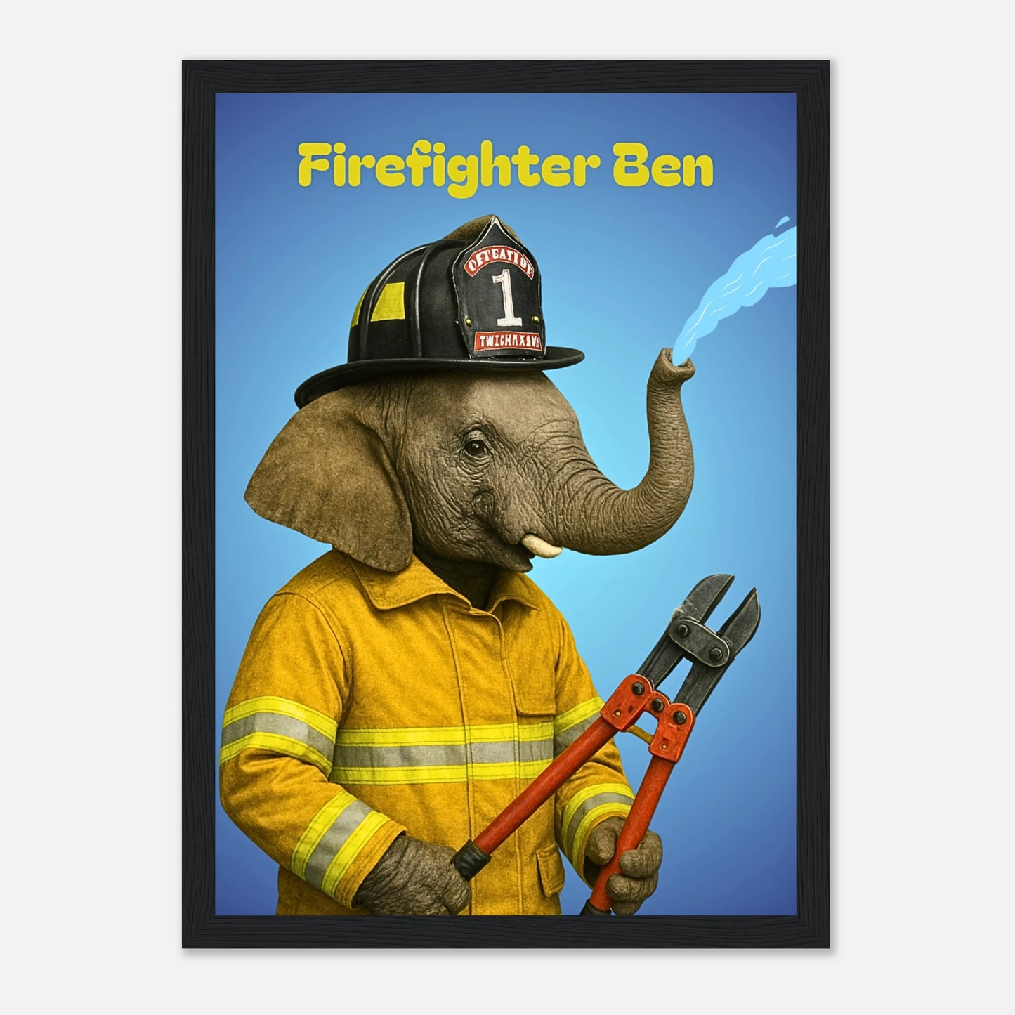 Firefighter Ben Elefanten Poster mit schwarzem Holzrahmen – originelle Feuerwehrkunst als Wanddekoration für Kinderzimmer.