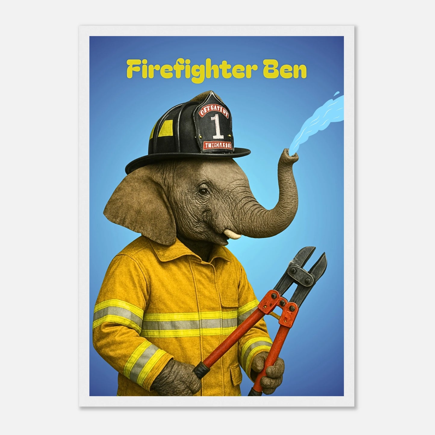 Firefighter Ben Poster mit weißem Holzrahmen – lustiges Elefantenbild im Feuerwehr-Outfit für Kinderzimmer und Wanddeko.