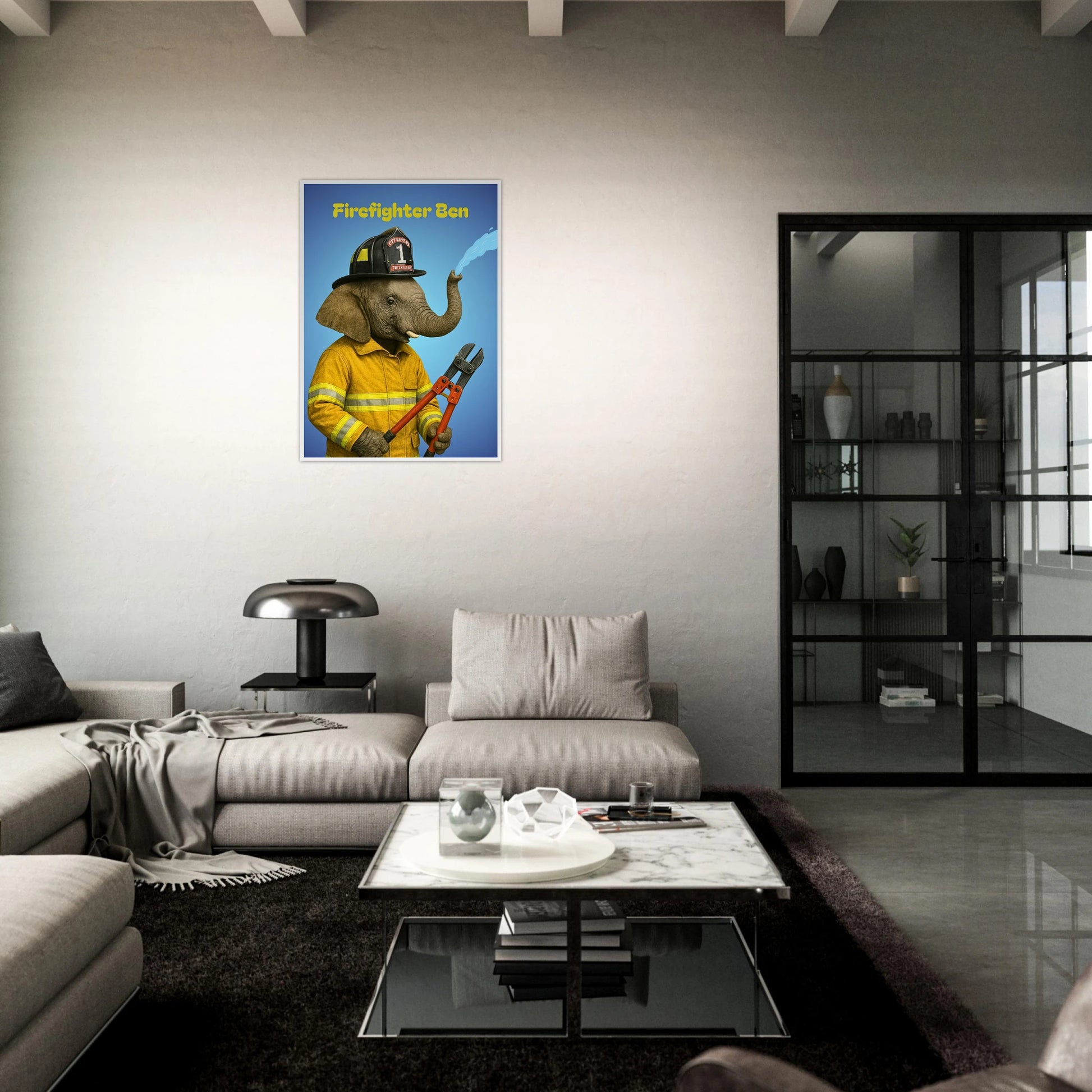 Firefighter Ben Elefanten Poster im modernen Wohnzimmer – humorvolle Feuerwehr-Deko mit Elefant für Zuhause.